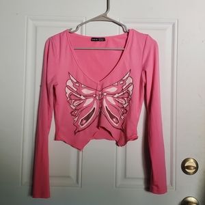 Shein pink butterfly long sleeve shirt